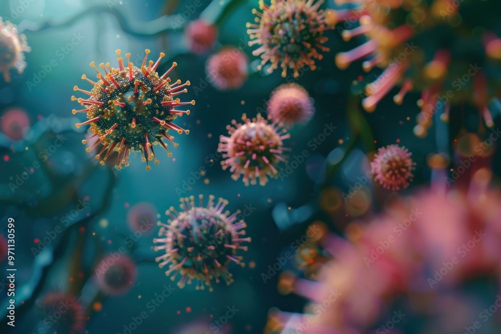 Microscopic view of coronavirus cells floating in organism, concept for science and health Microscopic view of coronavirus cells floating in organism, concept for science and health