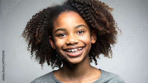 Smiling African American teenage girl with shiny metal orthodontic braces and bright confident expression, posing against a neutral background with casual outfit. photo