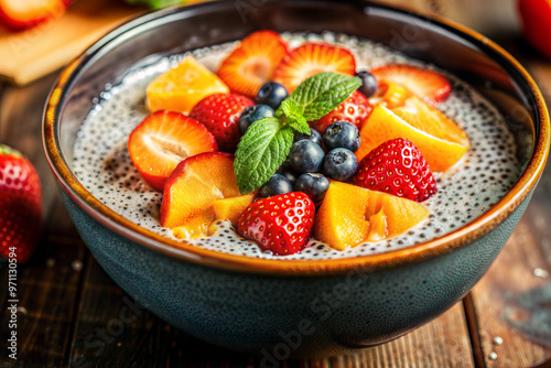 Delicious chia pudding topped with strawberries, blueberries, and mango in a ceramic bowl