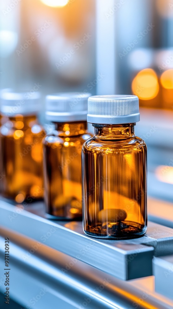 Three amber glass bottles on a shelf, designed for pharmaceutical storage with clear labels and secure caps, showcasing modern design. Three amber glass bottles on a shelf, designed for pharmaceutical storage with clear labels and secure caps, showcasing modern design.