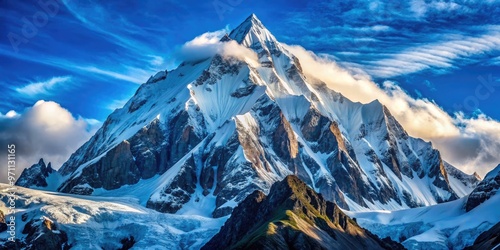 Snow-capped mountain peak rises majestically against a bright blue sky, with crisp lines and bold shapes, evoking a sense of adventure and rugged beauty. photo