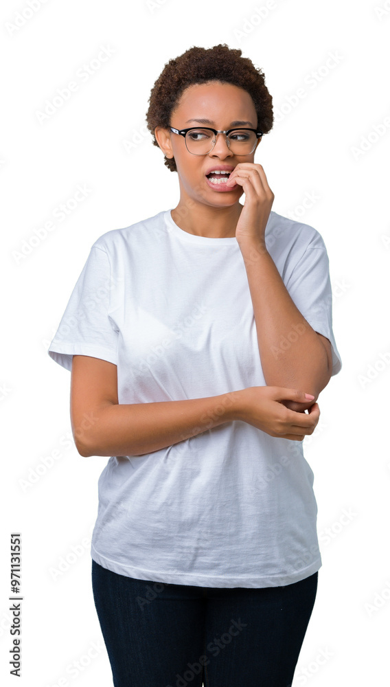 Beautiful young african american woman wearing glasses over isolated background looking stressed and nervous with hands on mouth biting nails. Anxiety problem. Beautiful young african american woman wearing glasses over isolated background looking stressed and nervous with hands on mouth biting nails. Anxiety problem.