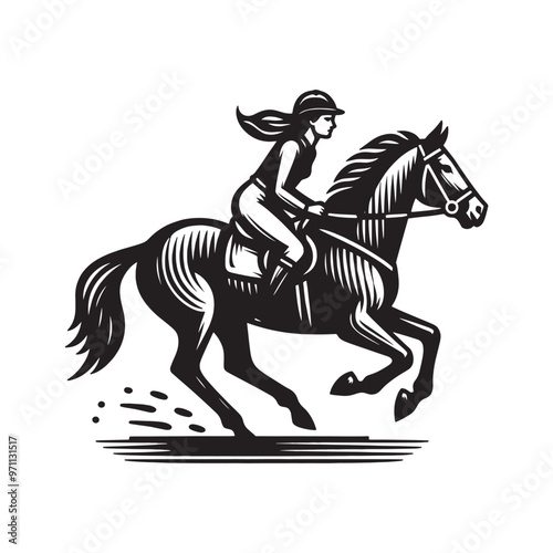 woman jockey riding a horse. Vintage vector black engraving illustration, emblem, logo, icon