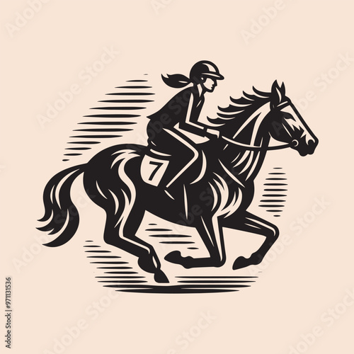 woman jockey riding a horse. Vintage vector black engraving illustration, emblem, logo, icon