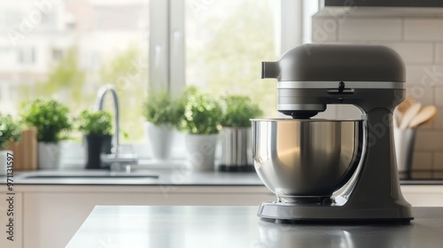 A modern kitchen featuring a stand mixer on a countertop with plants in the background.