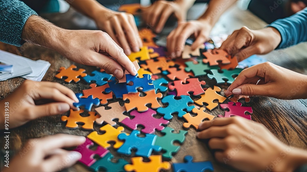 Hands putting together a colorful puzzle. This photo depicts teamwork and collaboration in achieving a common goal. Hands putting together a colorful puzzle. This photo depicts teamwork and collaboration in achieving a common goal.