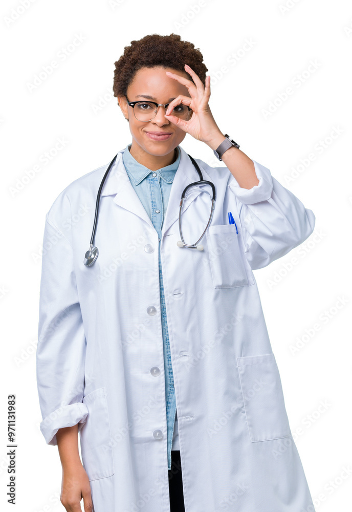 Young african american doctor woman wearing medical coat over isolated background doing ok gesture with hand smiling, eye looking through fingers with happy face. Young african american doctor woman wearing medical coat over isolated background doing ok gesture with hand smiling, eye looking through fingers with happy face.