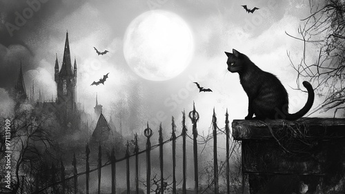 Wallpaper Mural A Halloween-themed background featuring a black cat sitting on a wall, gazing at a glowing full moon in the night sky, creating a spooky atmosphere Torontodigital.ca