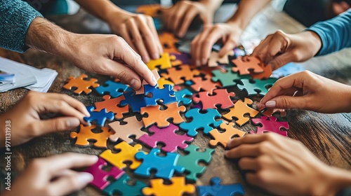 Hands putting together a colorful puzzle. This photo depicts teamwork and collaboration in achieving a common goal.