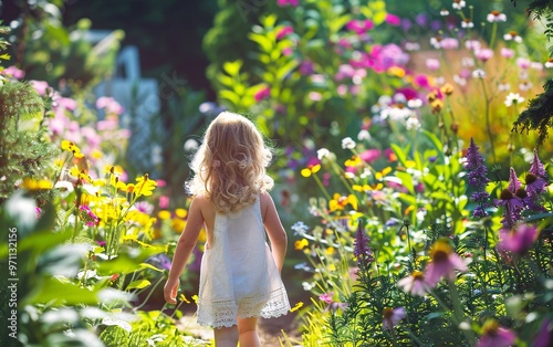 Child girl walking outdoor enjoying summer flowers in garden