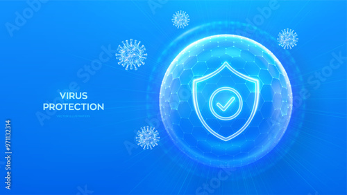 Virus protection. Healthcare. Vaccination. Virus cell. Antibiotic. Protection shield with Check mark icon inside transparent sphere shield with hexagon pattern on blue background. Vector illustration.