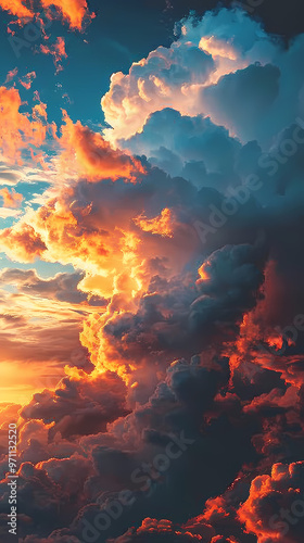 Orange-red coloured cloudy sky after sunset, cloud formation, evening sky, sunset,photostock style