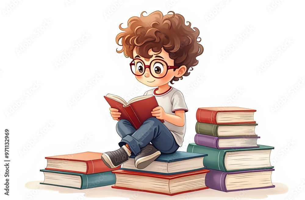 A curly-haired boy with glasses sits cross-legged on a stack of books, holds a book, smiles and looks at the camera. Preparing for school, learning lessons. Back to school A curly-haired boy with glasses sits cross-legged on a stack of books, holds a book, smiles and looks at the camera. Preparing for school, learning lessons. Back to school