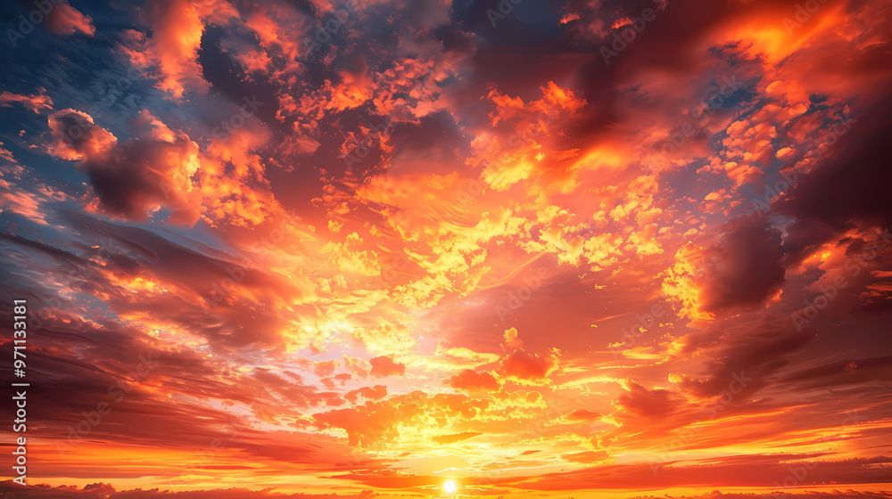 Fototapeta premium Orange-red coloured cloudy sky after sunset, cloud formation, evening sky, sunset,photostock style