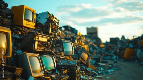 A large pile of obsolete televisions and electronic waste under a blue sky, highlighting environmental concerns and recycling issues, Ideal for themes related to e-waste management, sustainability