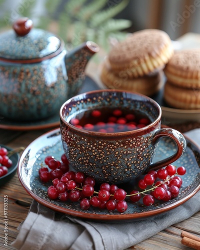 Delightful red tea with berries, souffl  , marmalade, and a charming teapot spread photo