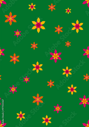 A vibrant summer floral pattern in vector style, single icons, with bright, colorful flowers