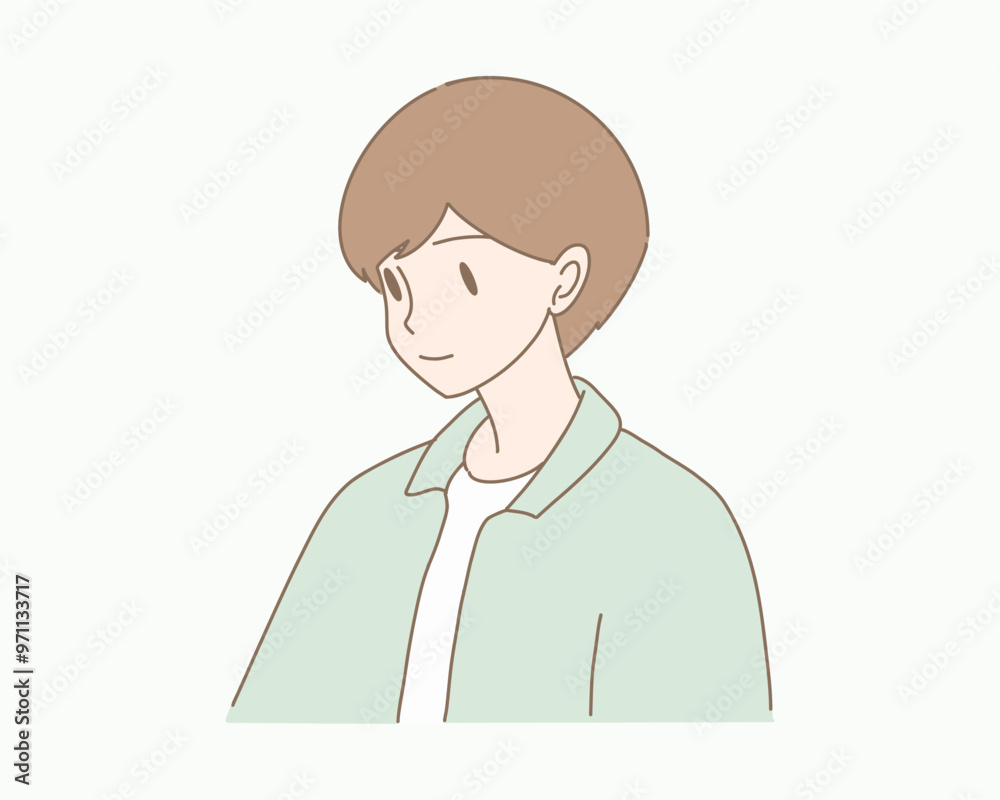 Young man looking at something lower than him, looking down. Hand drawn flat cartoon character vector illustration. Young man looking at something lower than him, looking down. Hand drawn flat cartoon character vector illustration.