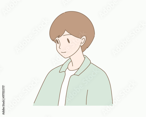 Young man looking at something lower than him, looking down. Hand drawn flat cartoon character vector illustration.