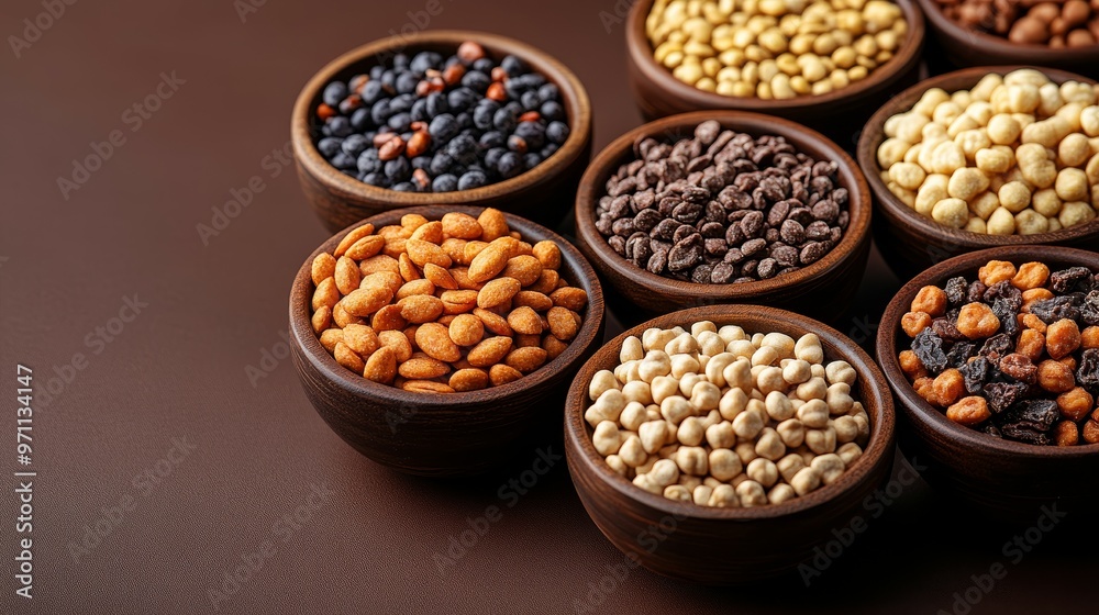 A variety of nuts and seeds displayed in wooden bowls on a brown surface. A variety of nuts and seeds displayed in wooden bowls on a brown surface.