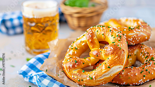 Pretzel with beer served on a table with a basket of greens and a checkered cloth photo