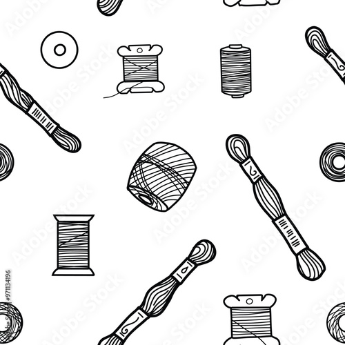 Needlework, Embroidery Threads Seamless Pattern. Hand drawn Vector illustration of Skeins, Spools and Floss Mulin in doodle style. For Hobby or Handmade designs, manual Stitching Prints.