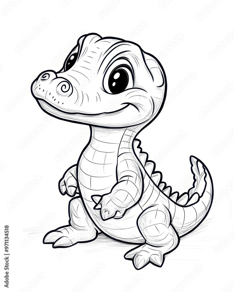 Obraz premium A charming black-and-white sketch of a baby dinosaur with large, expressive eyes and a playful smile ideal for children's coloring books, educational materials, and playful design themes,