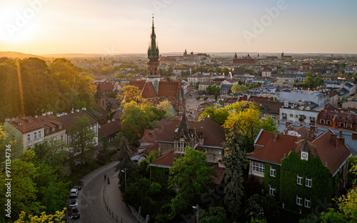 Sunset over Podgorze district in Krakow, Poland	