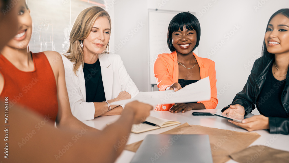 Fototapeta premium Business people, teamwork and women in meeting, documents and brainstorming in office. Employees, fashion review or journalist with paperwork, magazine agency or creativity for project or cooperation