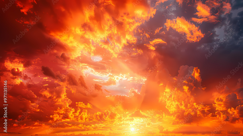 Naklejka premium Orange-red coloured cloudy sky after sunset, cloud formation, evening sky, sunset,photostock style