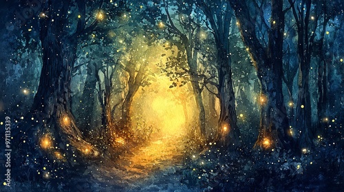 Enchanted forest, glowing fairy lights among ancient trees, Watercolor style