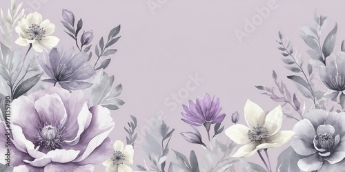 pretty gray theme flowers on pastel purple background, concept for banner, watercolor style