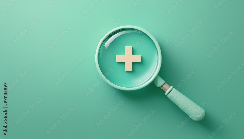 Obraz premium A magnifying glass over a medical cross symbol, representing health, search, or insurance concepts on a teal background.