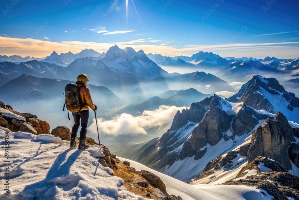 Solitary figure ascends rugged