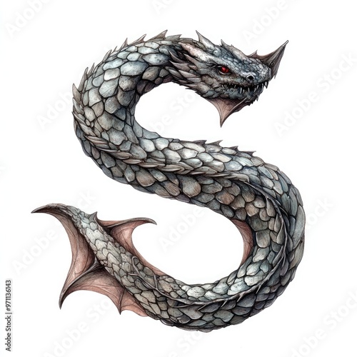 Intricate metallic dragon tail sculpture in the shape of an S displayed on a neutral background photo