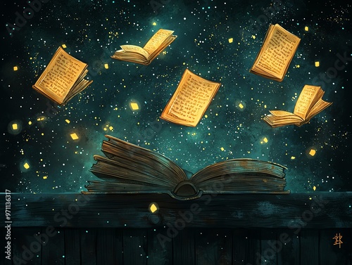 Glowing magical books flying off a wizard s shelf, fantasy atmosphere, Watercolor style photo