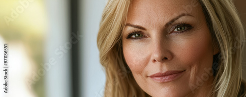 Serene Beauty. Mature White Woman Gazing Thoughtfully. A thoughtful stock photo of a mature white woman with blonde hair, offering a calm, introspective gaze, set against a soft background. 