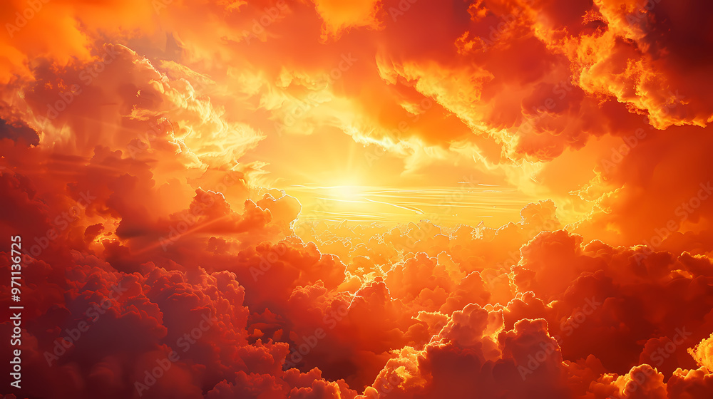 Fototapeta premium Orange-red coloured cloudy sky after sunset, cloud formation, evening sky, sunset,photostock style