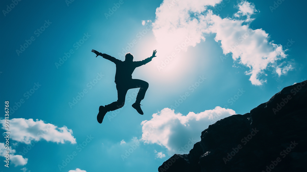 Skybound Ambition: Man Jumping Over a Cliff with Blue Sky Backdrop Skybound Ambition: Man Jumping Over a Cliff with Blue Sky Backdrop
