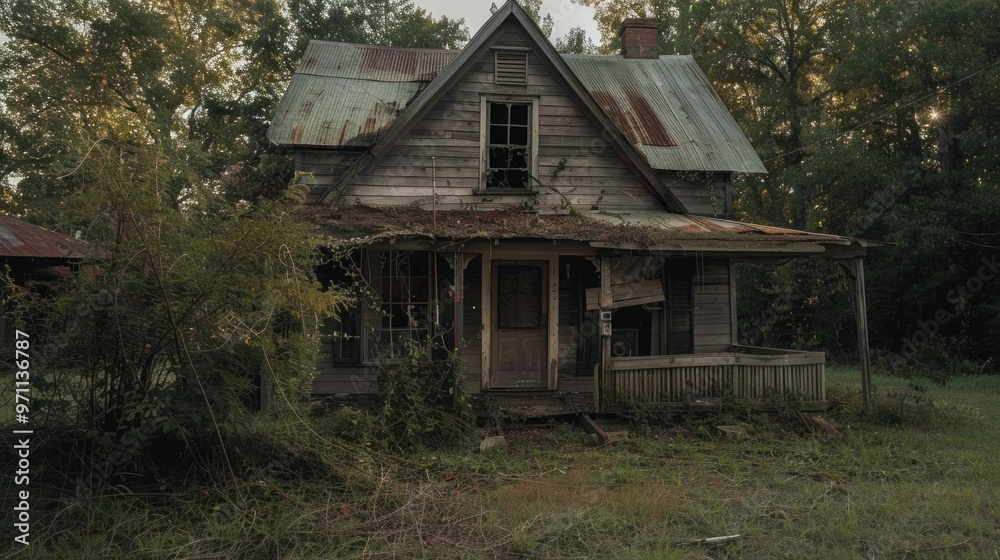 Abandoned house surrounded by overgrown vegetation and trees, showcasing decay and the passage of time The eerie atmosphere evokes nostalgia and mystery Abandoned house surrounded by overgrown vegetation and trees, showcasing decay and the passage of time The eerie atmosphere evokes nostalgia and mystery
