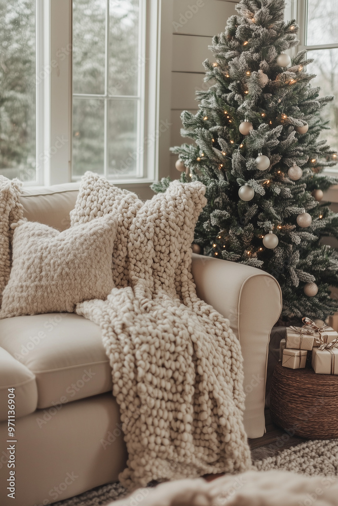 cozy living room interior with christmas tree on the background