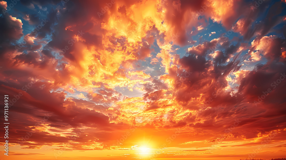 Fototapeta premium Orange-red coloured cloudy sky after sunset, cloud formation, evening sky, sunset,photostock style