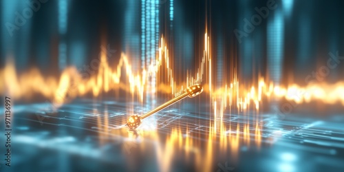 Dramatic 3D illustration of a golden seismograph needle etching an erratic gold price graph onto a sleek, reflective surface, with each spike casting dynamic shadows