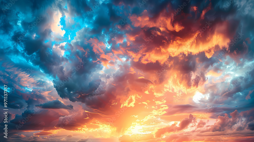 Wide panoramic view of the sunset sky with dark clouds