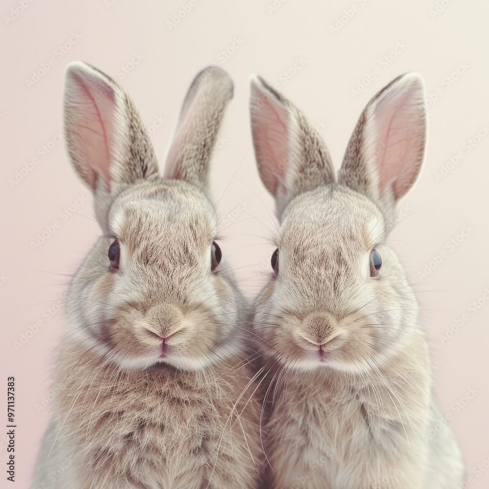 Obraz premium Two adorable rabbits posing for the camera against a soft pastel colored wall background