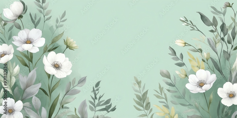 pretty gray theme flowers on pastel green background, concept for banner, watercolor style pretty gray theme flowers on pastel green background, concept for banner, watercolor style