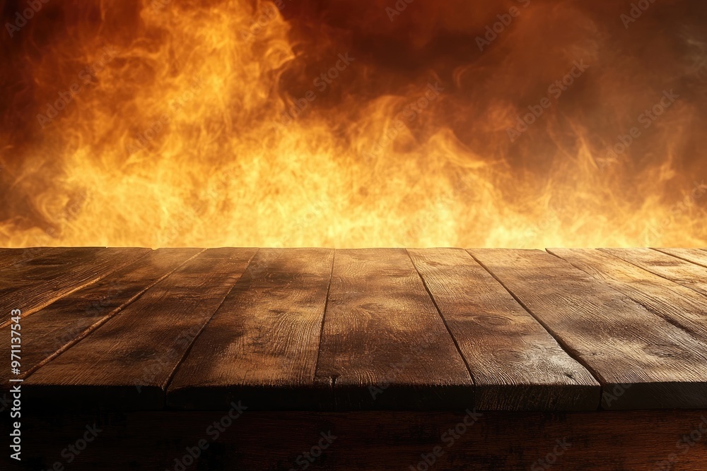 Wooden table with fire background. Perfect for showcasing products and designs related to heat, danger, or energy. Wooden table with fire background. Perfect for showcasing products and designs related to heat, danger, or energy.