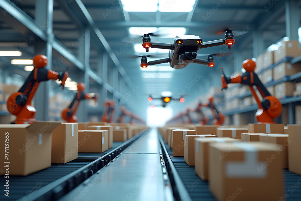 Drone Delivery System in Automated Warehouse with Robotic Arms and Conveyor Belts