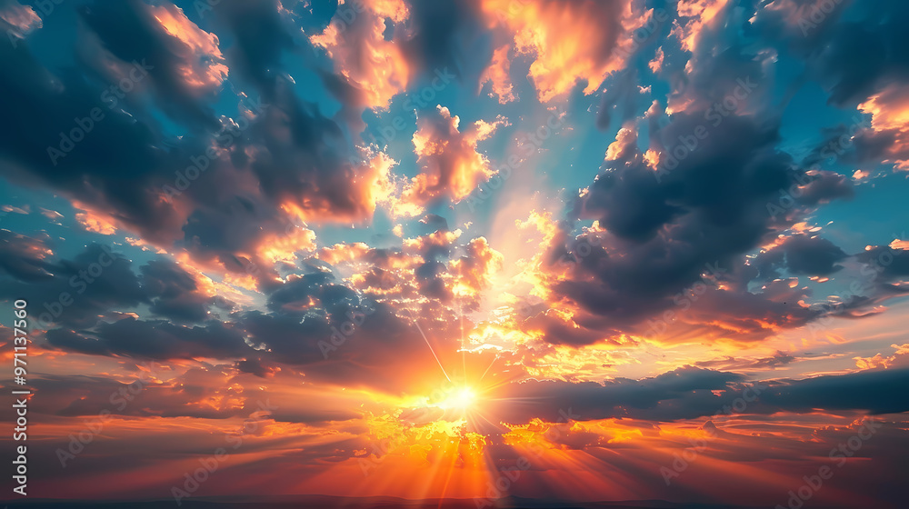 Fototapeta premium Wide panoramic view of the sunset sky with dark clouds