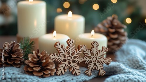 christmas composition with wooden snowflakes on festive background